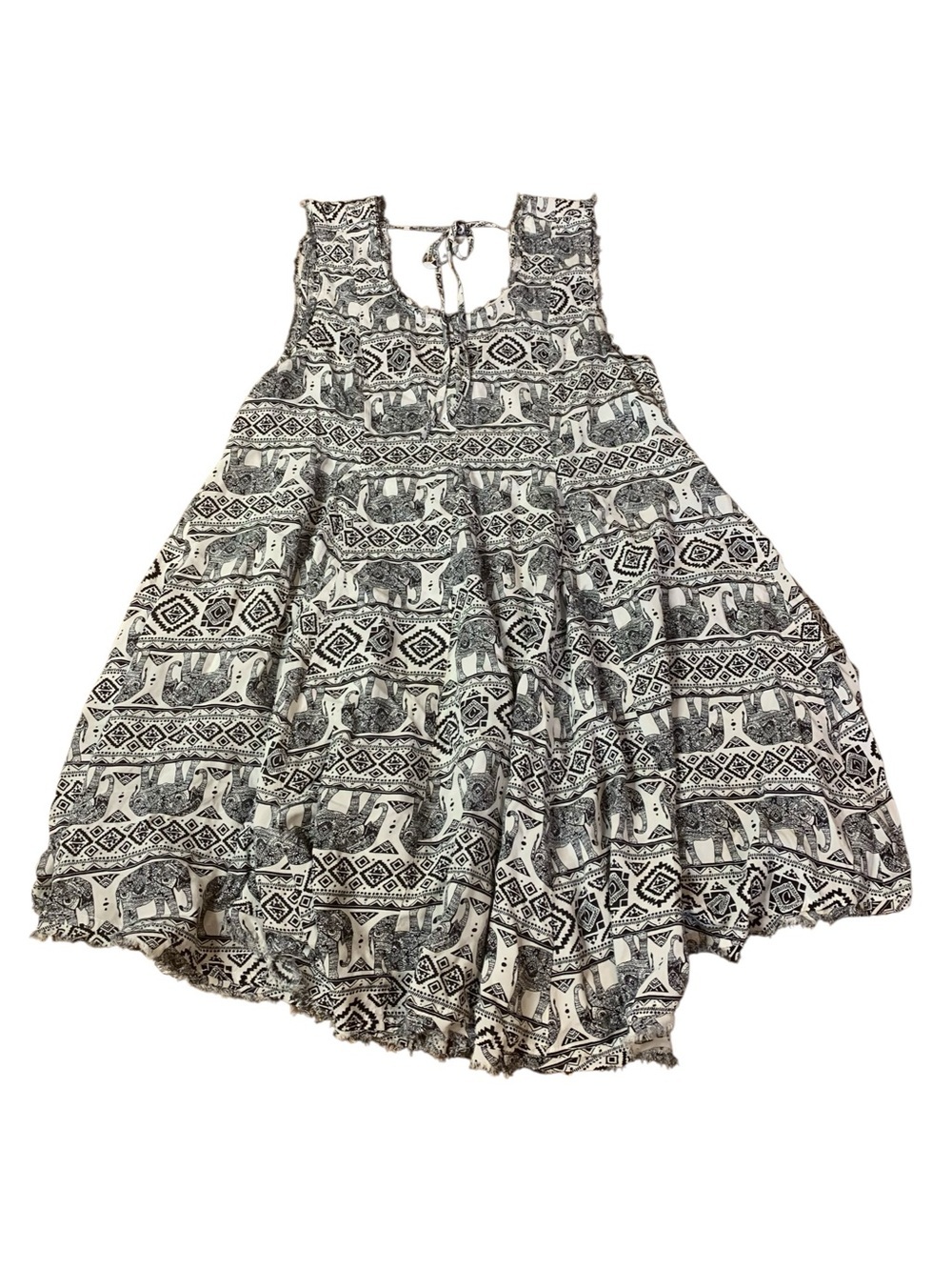 Boho Elephant Print Babydoll Mini Dress | Raw Hem Trapeze Tunic - Small